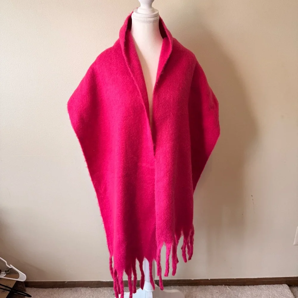 Susan Graver Womens Scarf OS Bold Pink Oversized Brushed Knit Tassel Fringe
